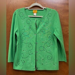 Ruby Rd. green button-front cardigan swirl embroidery sequin accents Size Large